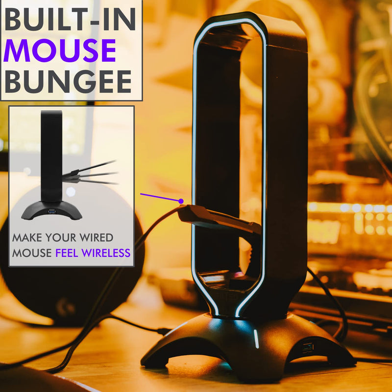 Tilted Nation RGB Headset Stand and Gaming Headphone Stand for Desk Display with Mouse Bungee Cord Holder - Gaming Headset Holder with USB 3.0 Hub for Xbox, PS4, PC - Perfect Gaming Accessories Gift Black
