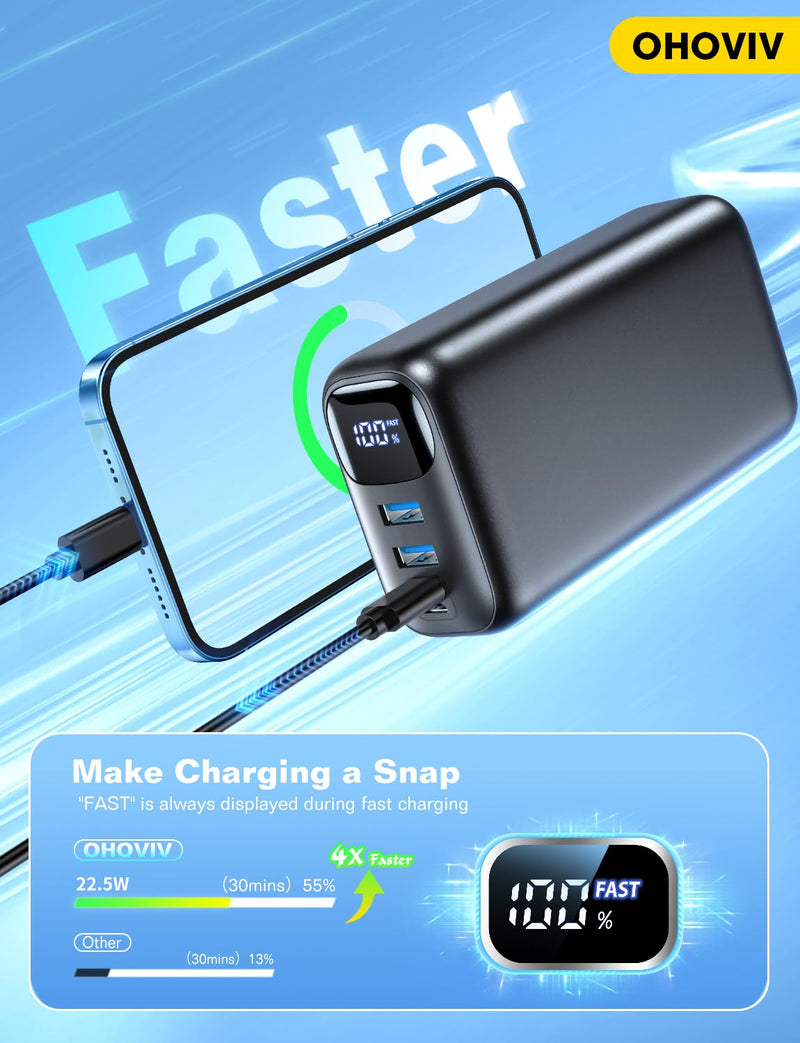 Portable Charger 50000mAh Power Bank - 22.5W Fast Charging External Battery Pack, LED Display USB-C Portable Cell Phone Charger for iPhone 16/15/14/13 Pro, Android, Samsung Galaxy, Etc Black