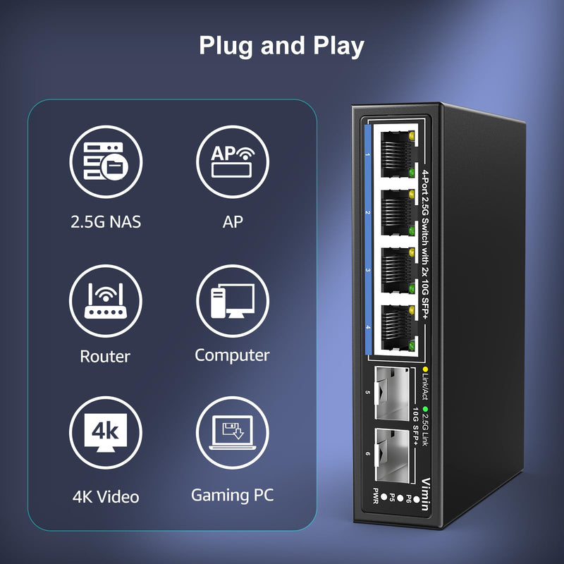 6 Port 2.5G Unmanaged Network Switch, VIMIN 4X 2.5Gbase-T Ports, 2X 10G SFP+ Port, 60Gbps Switching Capacity, IEEE802.3, Metal Housing, Fanless, Work for 2.5Gbps NAS, Wireless AP & PC 4 Port 2.5G Switch