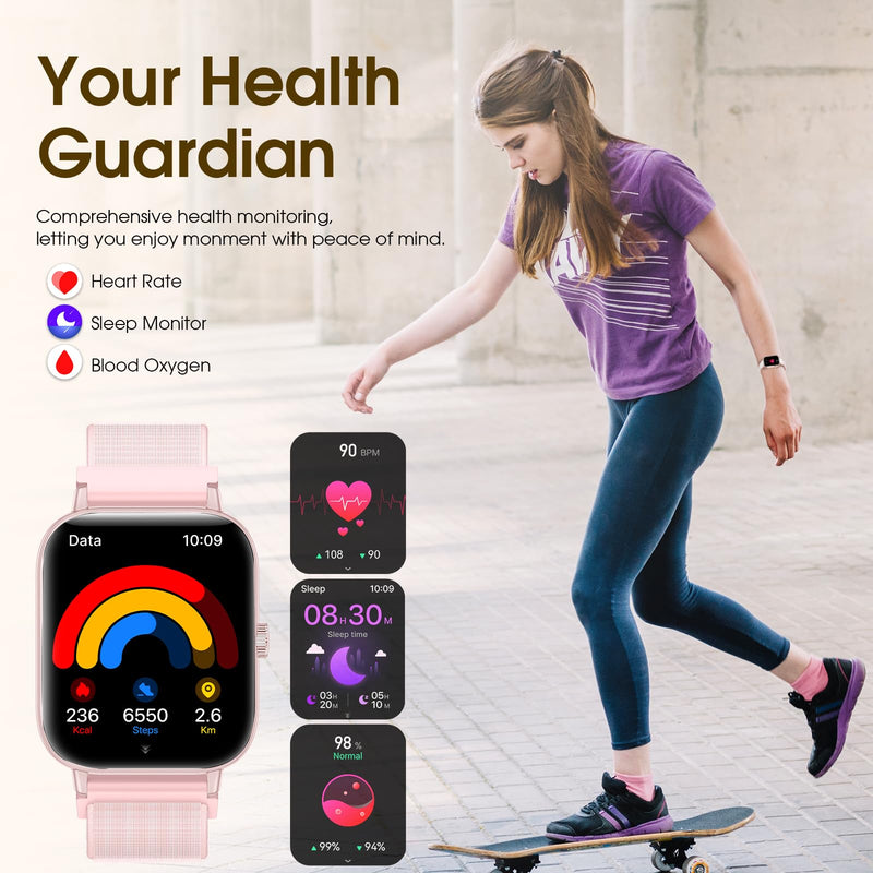 Smart Watches for Women,1.83" HD Watch with Calls and Messages/Heart Rate/Sleep/Female Cycle,Fitness Tracker Smartwatch for Android/iOS Compatible,Gold & Pink