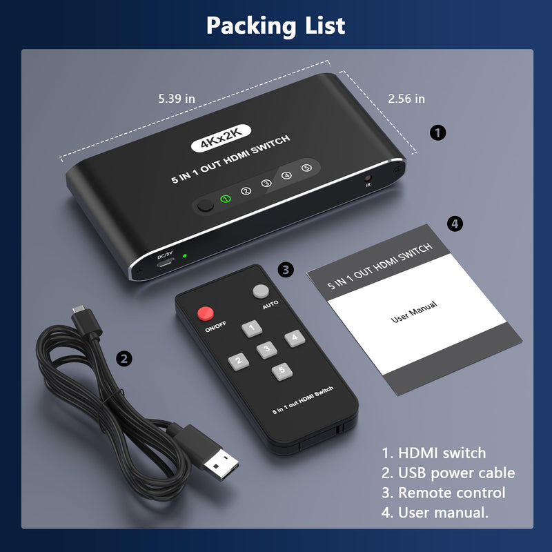[AUSTRALIA] - 5 in 1 HDMI Switch with Remote 4K, 5 Port HDMI Switcher, HDMI Selector Splitter Box with LED Indicators, Game Switcher Hub with USB Powered for PS5 Xbox Fire Stick Roku TV Monitor 