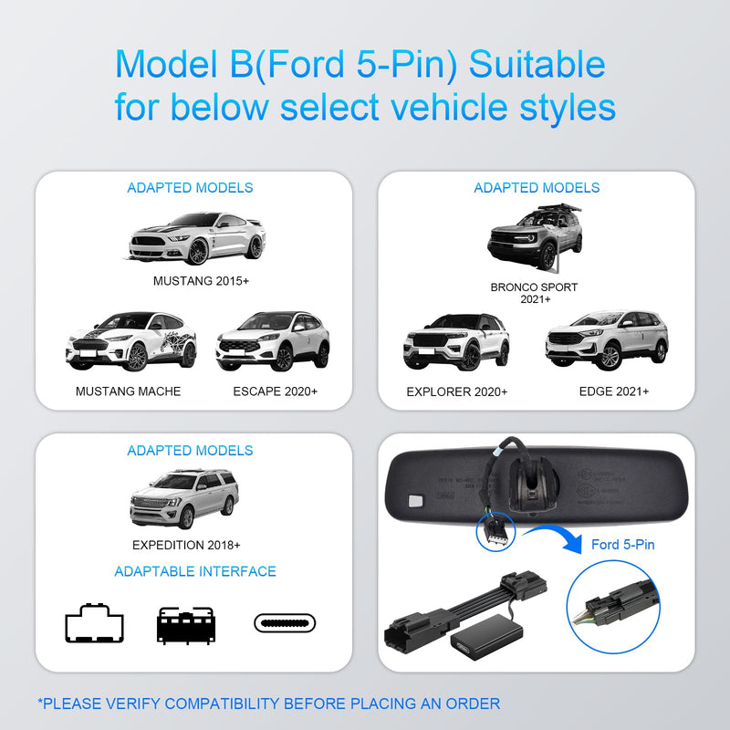 mangoal Dashcam Power Adapter Custom for Ford 5 Pin (Model B) for Mustang Mache Explorer Edge Expedition & More, Connect Auto-Dimming Connector(Hidden)