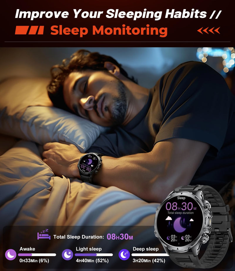 Military Smart Watch for Men, 1.85'' HD Large Screen Smartwatch, 800mAh/LED Flashlight/IP68 Waterproof/Pedometer/100+ Sports Fitness Tracker, Mens Smart Watches for Android iOS, Black