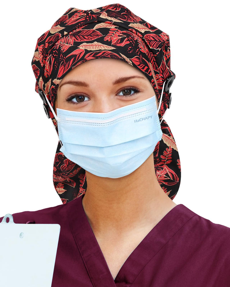 Satin Lined Scrub Cap for Women Extra Large Long Hair Surgical Nurse Cap 4 Buttons Red Black 1