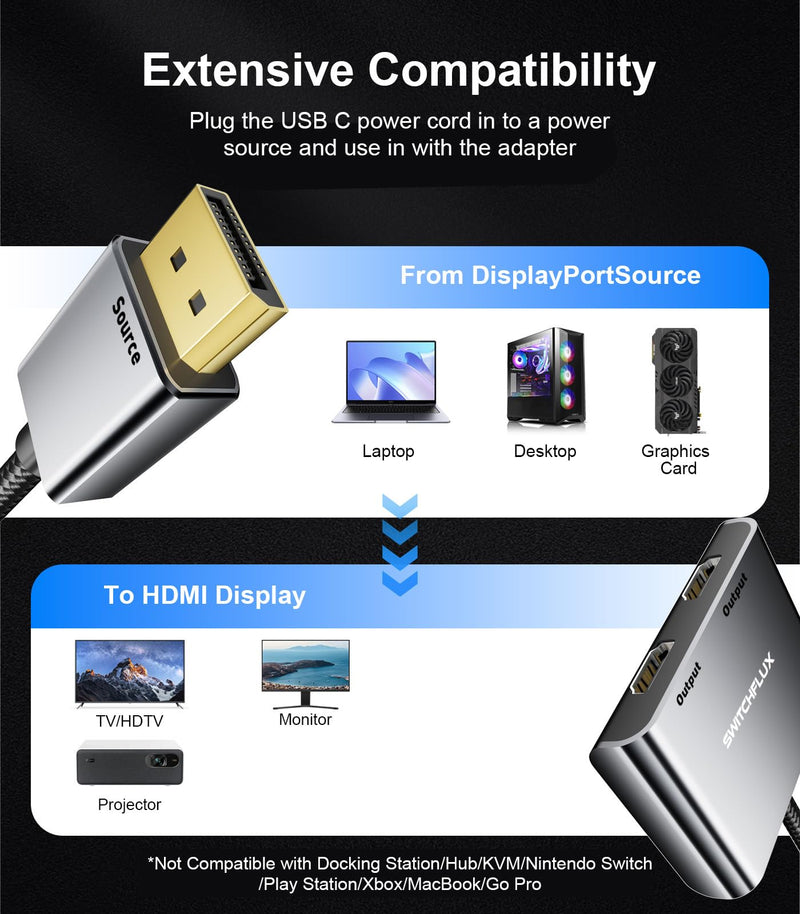 DisplayPort to Dual HDMI Adapter [4K@60Hz] DP to HDMI Splitter 1 in 2 Out Extended Display, DP 1.2 to 2 HDMI Female Converter for Dual Monitors Compatible with PC,Graphic Card and More