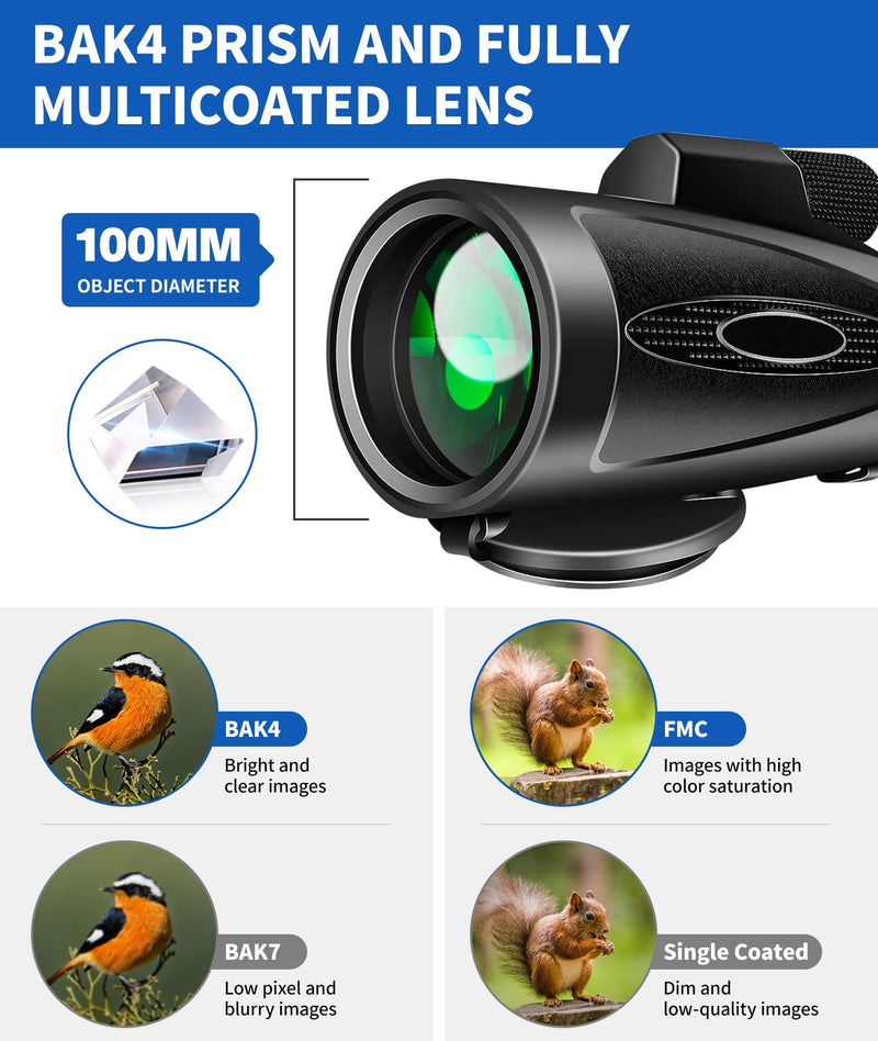 Monocular Telescope 80x100 High Power with Smartphone Adapter Tripod,Larger Vision Monoculars for Adults with BAK4 Prism & FMC Lens, Suitable for Bird Watching Hunting Hiking Camping Wildlife-Black Black