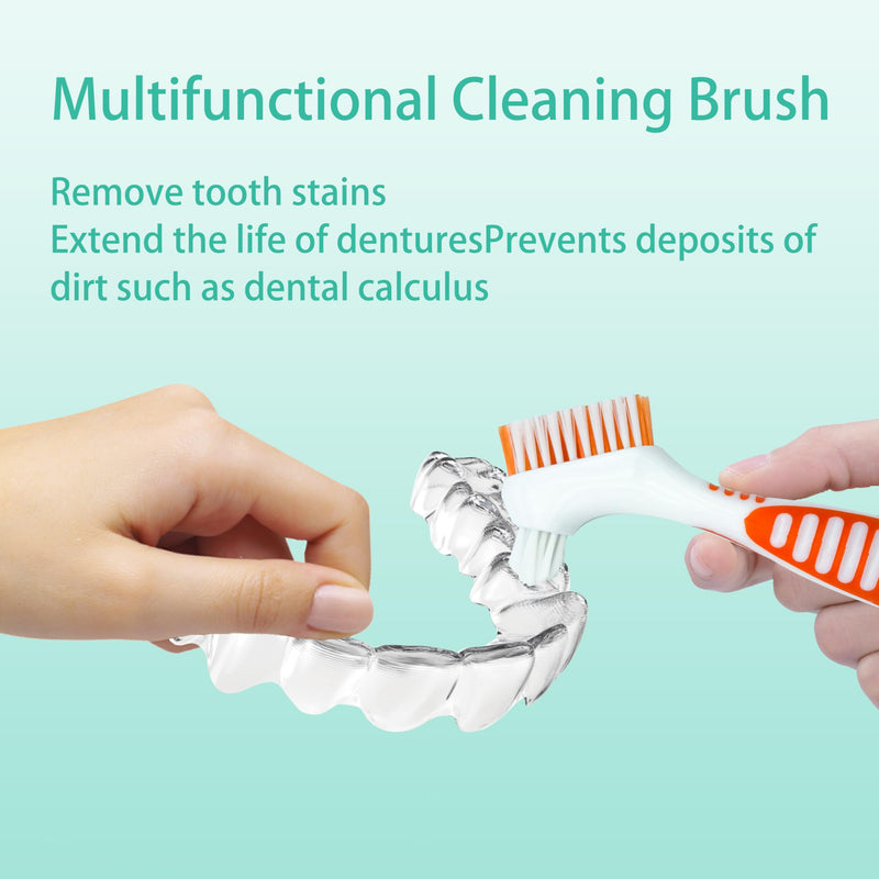 FloraVigo 2 Pack Denture Toothbrush, Mini Toothbrush, Double Angle Brush Head, Portable Ergonomic Denture Cleaning Brush, Dental Device (Green + Orange) Green + Orange