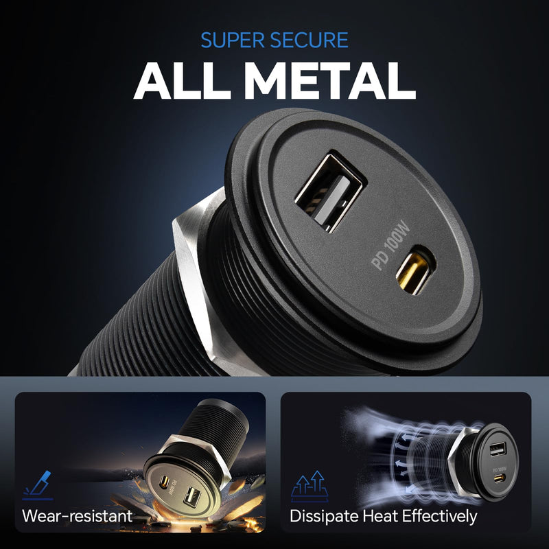 118W 12V USB Outlet, 100W Type-C PD3.0 Laptop Car USB C Socket | 100W+18W Fast charging, PD3.0+QC3.0, All Aluminum Design, Cigarette Lighter Replacement, For RV Boat Truck Van Car Camper 2Pcs