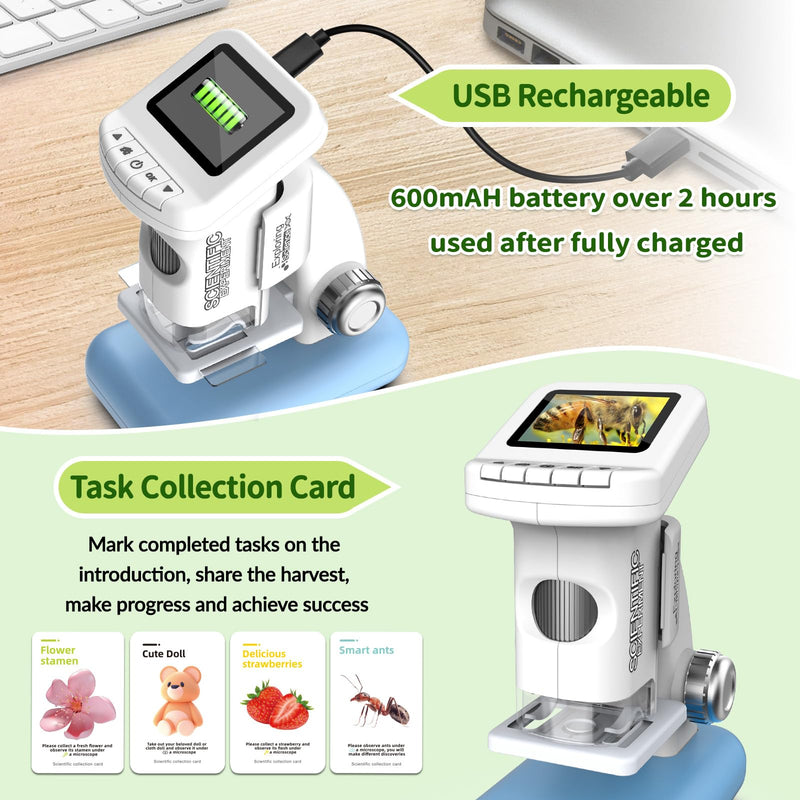 Microscope for Kids, 1200X Kids Microscope Pocket Portable Microscopes with Photo and Video Function, Mini Handheld Digital 2" Screen Rechargeable Student Edu Science Microscopes for Kids 6-7 8-12