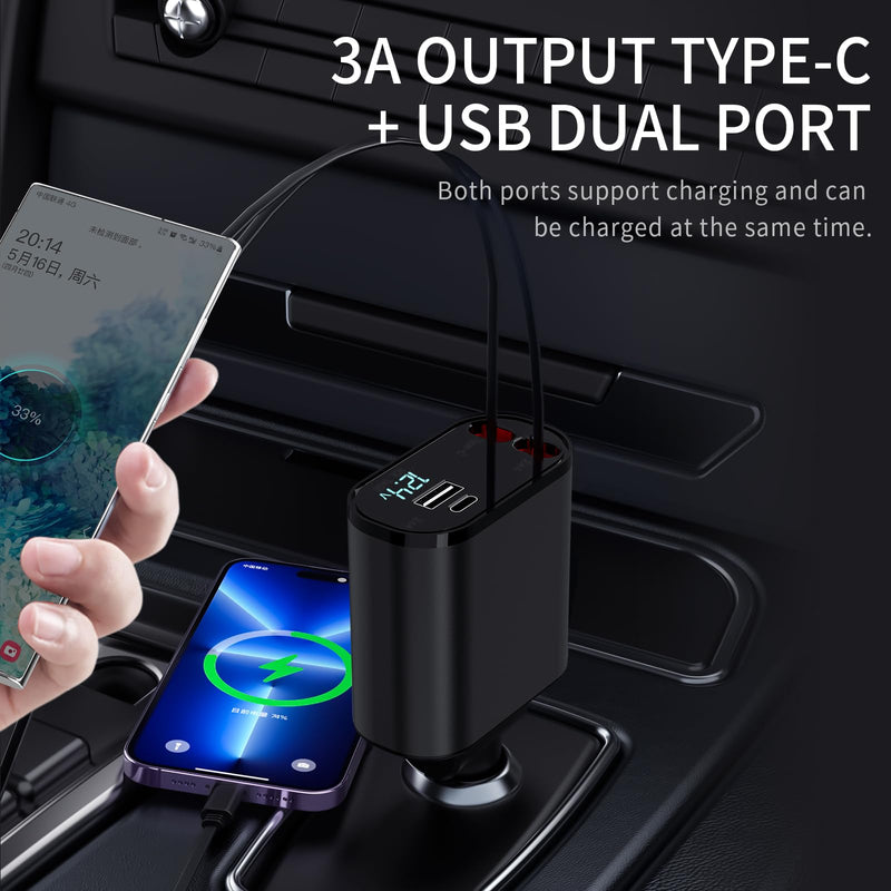 Retractable Car Charger, 4 in 1 Fast Charging Car Charger 60W, Retractable Cable and 2 USB Ports Car Charger Adapter Compatible with iPhone 15 14 13 12 11 Pro Max, Galaxy S23, Pixel Car Charger Type C+Lightning-CL B