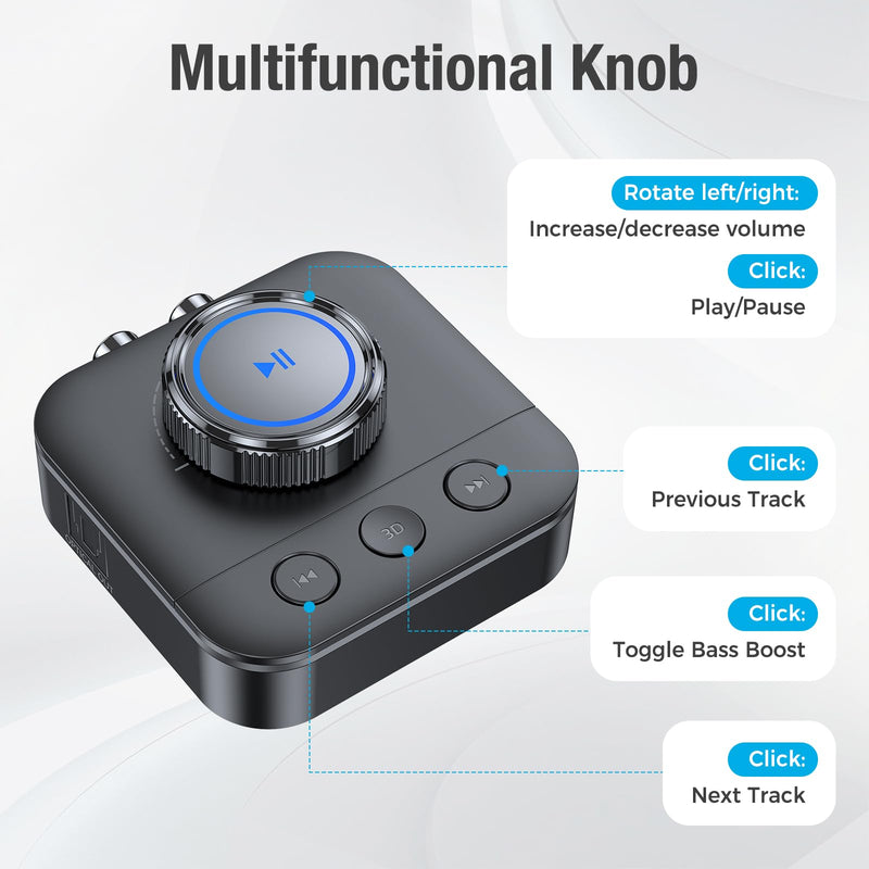 Bluetooth 5.3 Receiver for Home Stereo, RCA Bluetooth Adapter for 3D Surround, Support Optical, AUX 3.5mm, RCA Receiver Adapter for Speakers, Music Streaming Stereo System