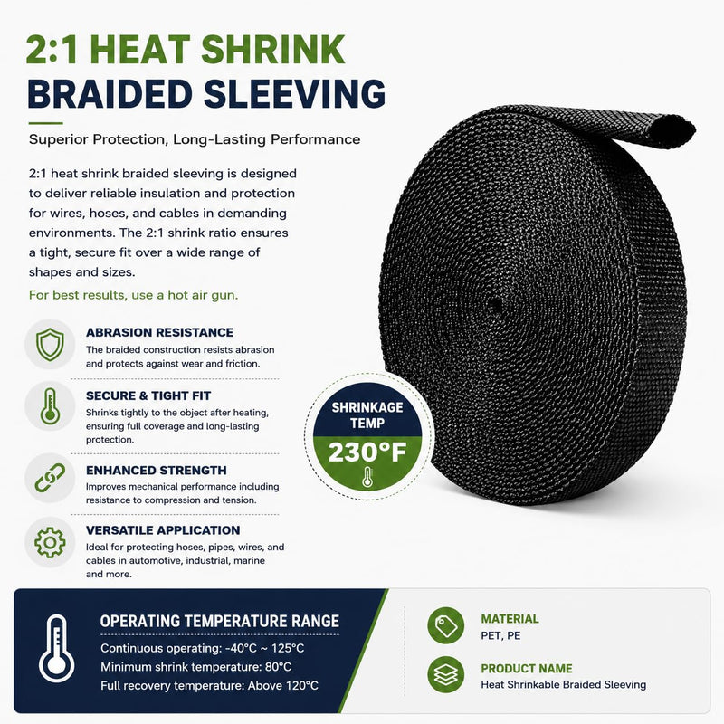 2:1 Heat Shrink Braided Sleeve 3/4 inch 20FT, Automotive Wear-Resistant Fabric Flat Woven Tubing, Flexible Abrasion Protection Sleeving for Wiring Harness, Cable Sheath, Wires & Hoses Protection 20mm-3/4" I.D x 20FT