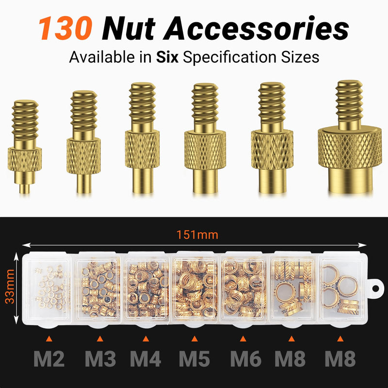 Preciva Threaded Inserts Soldering Tips Set, 6-Piece Soldering Tips for Thread Insert + 130-Piece Thread Inserts M2/M3/M4/M5/M6/M8