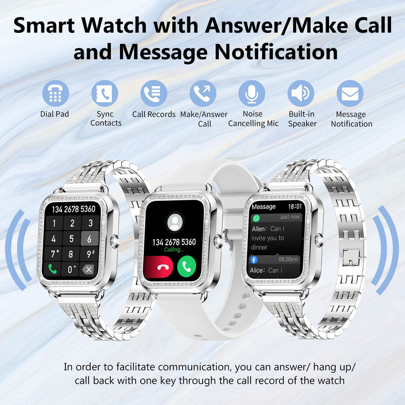 Efolen Smart Watches for Women with Diamonds (Answer/Make Call), 1.57'' Bluetooth Smartwatch for Android iOS Phones, Waterproof Fitness Tracker with Heart Rate/SpO2/Sleep/BP/AI Voice (Silver) Silver