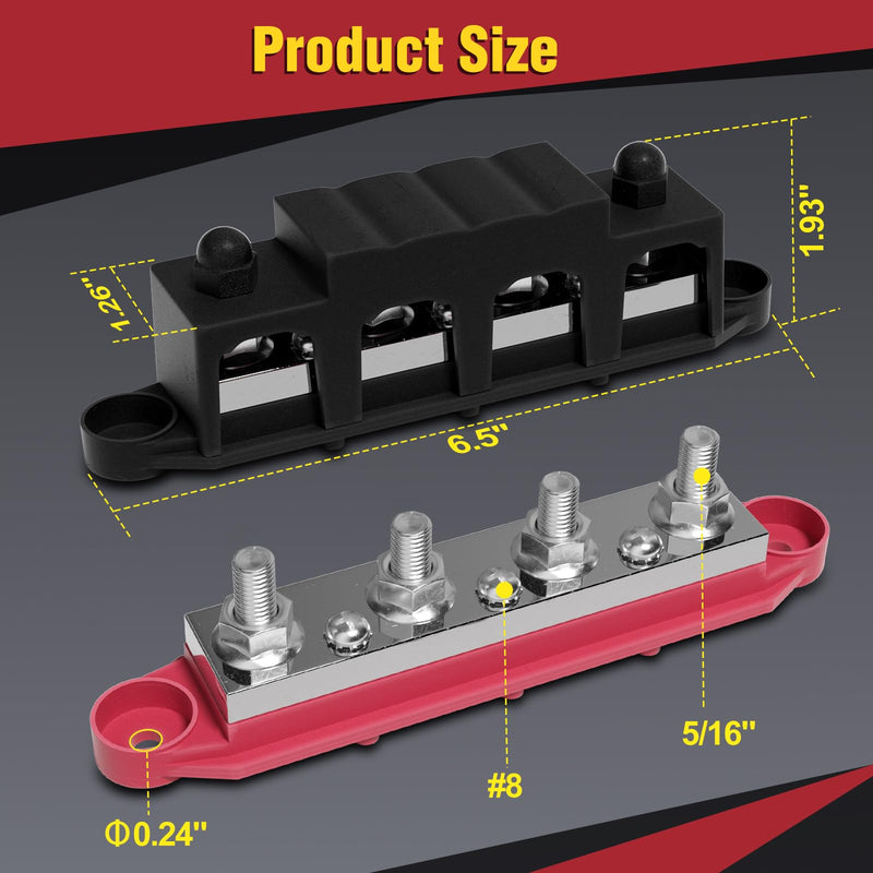 Mofeez 48V 400A Bus Bar 4 x 5/16” Post 3 x #8 Screw Terminal Power Distribution Block for Car Boat Marine (Red & Black) 4 x 5/16"