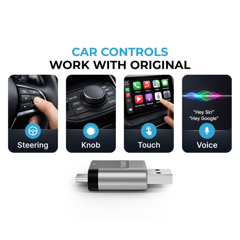 ZORVIA Wireless CarPlay Adapter for iPhone & Android Auto 2026 Upgraded - Convert Wired CarPlay to Wireless, Fast Auto Reconnect, Plug and Play, USB-C & USB-A (Silver) Silver