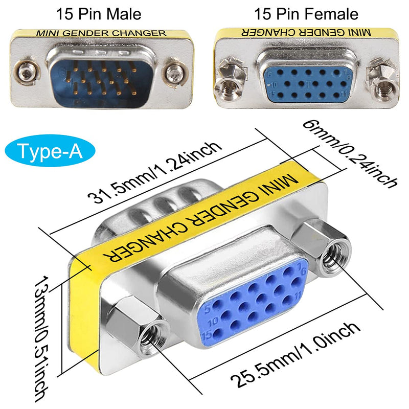 DKARDU 6 PCS VGA SVGA Coupler Connector, H15 Female to Female Male to Male Gender Changer Adapter, Male to Female Mini Gender Changer