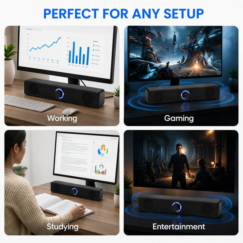 Computer Speakers USB Powered Wired Stereo with Illuminated Volume Knob and 3.5mm Aux Plug for PC Desktop Laptop Office with Clear Audio Easy Setup and Portable Design Black