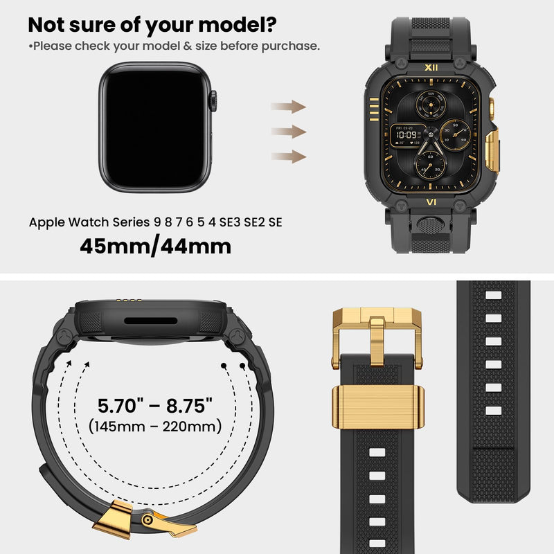 DABAOZA Rugged Leather Band with Case Compatible for Apple Watch 45mm 44mm Metal Replacement Strap Series 9 8 7 6 5 4 SE 3