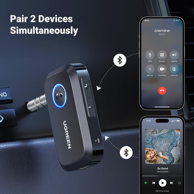 UGREEN 5.3 Aux Bluetooth Adapter for Car, [Greater Connection] Bluetooth Aux Adapter for Car, Bluetooth aux for Wireless Audio Receiver for Home Stereo/Wired Speaker, 15H Battery Life Black