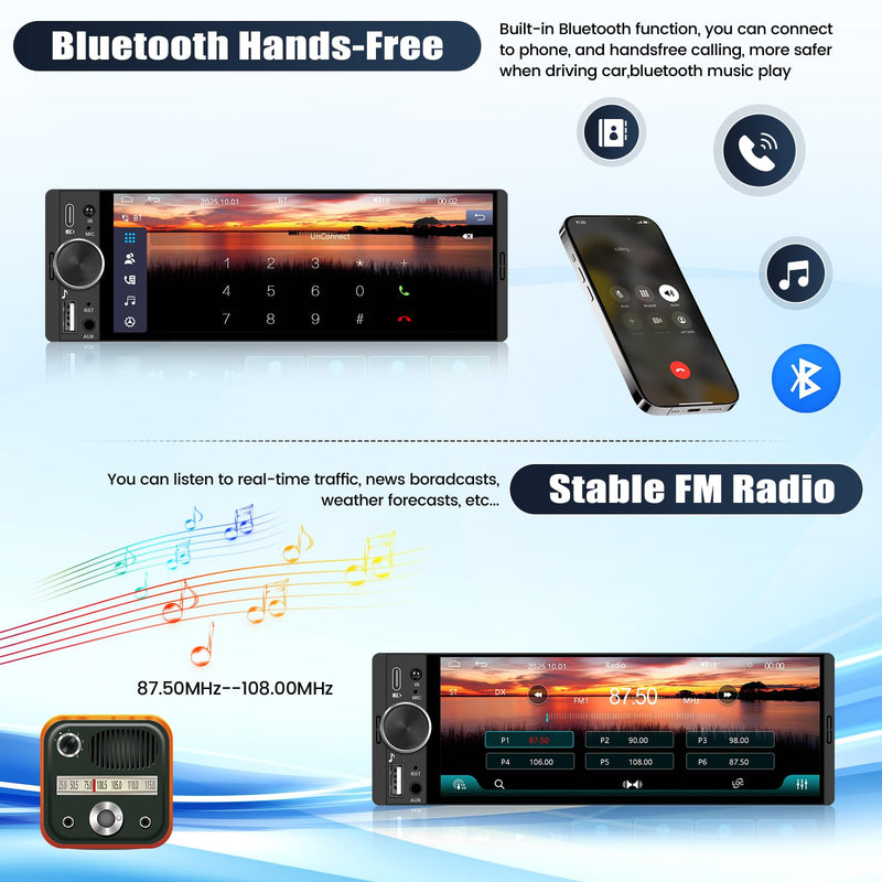 Single Din Car Stereo Radio with Wireless Carplay&Android Auto,6.28 Inch 1 Din Touchscreen Car Radio with Bluetooth FM Radio Mirror Link for iOS/Android USB/Type-C SWC Car Multimedia Player 6.28 Inch with Carplay