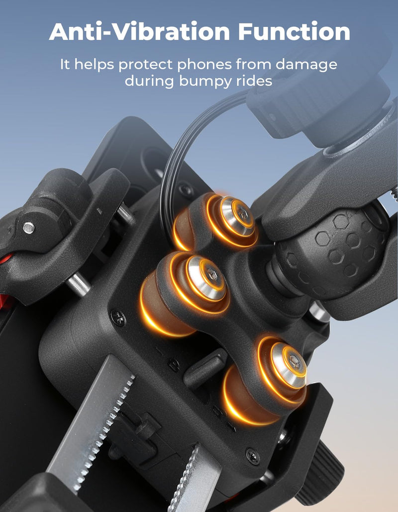 KEMIMOTO Anti-Theft Motorcycle Phone Mount with Qi 15W Wireless Charger | with 33W PD/USB-C Fast Charging Port, Anti-Vibration Dampener, One-Hand Operation, 360° Adjustable for 5.4''-7.2'' Cellphone
