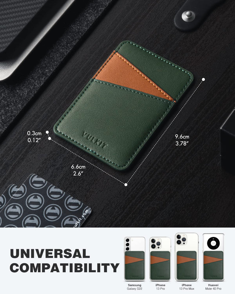 VULKIT Phone Card Holder Wallet Leather Adhesive Pocket RFID Blocking Credit Card Sleeves Stick Back of Phone Smartphones Green