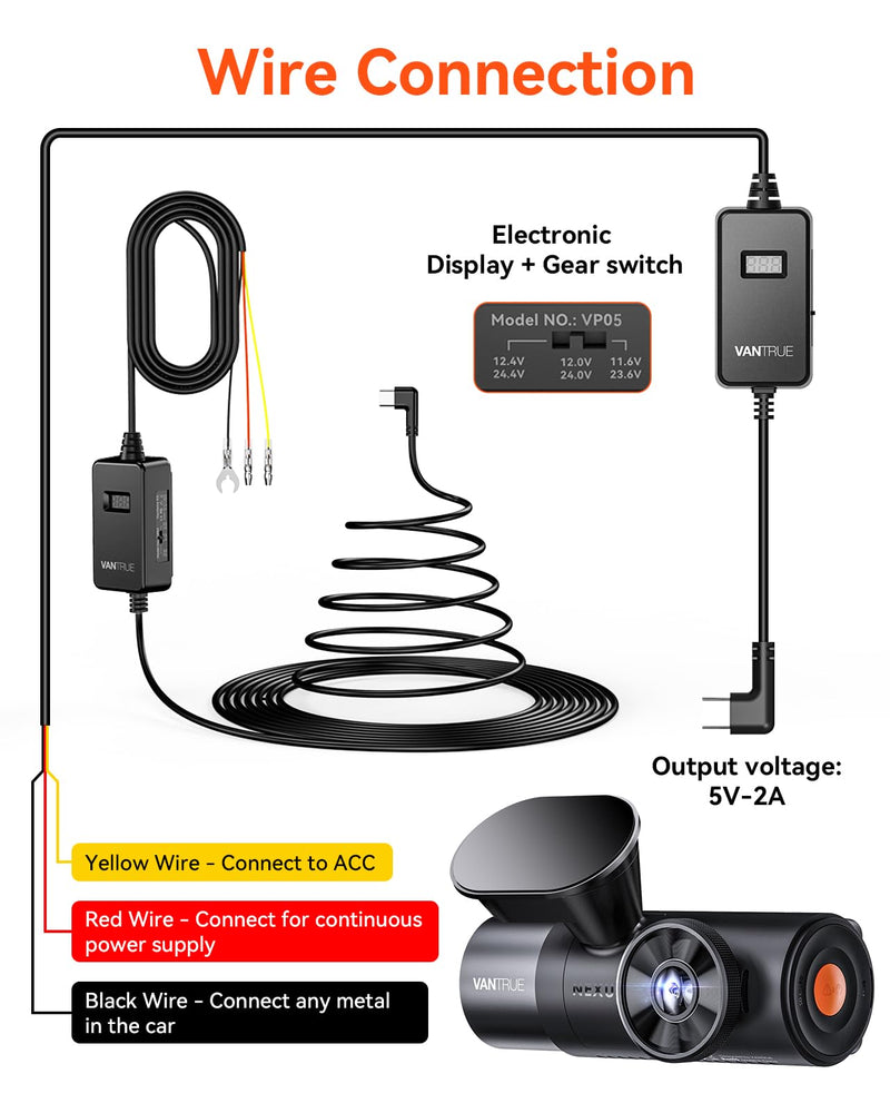 Vantrue USB-C Display Hardwire Kit with 3-Stage, Acc Cable for Dashcam, 11.6/23.6V, 12/24V, 12.4/24.4V to 5V, Fuse Holder with Low Voltage Protection, 24-Hour Parking Mode