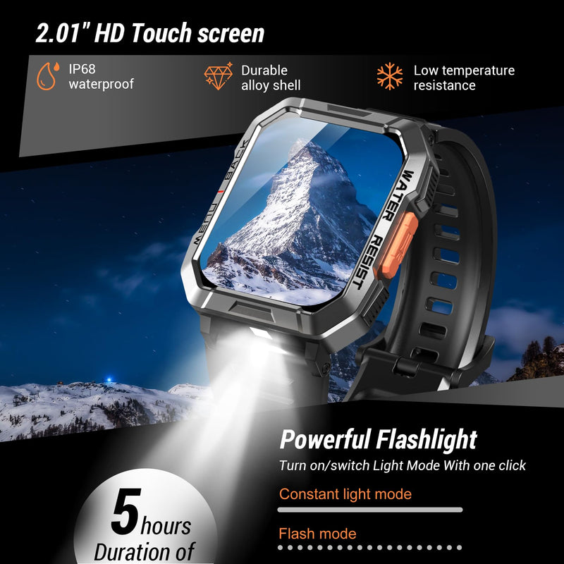 Military Smart Watch for Men (Answer/Make Calls), 2.01'' Smart Watch for Android and iPhone, Fitness Tracker with Flashlight/Compass/100 Days Battery/Heart Rate/Sleep/100+ Sport Modes(2 Straps) W60 Black