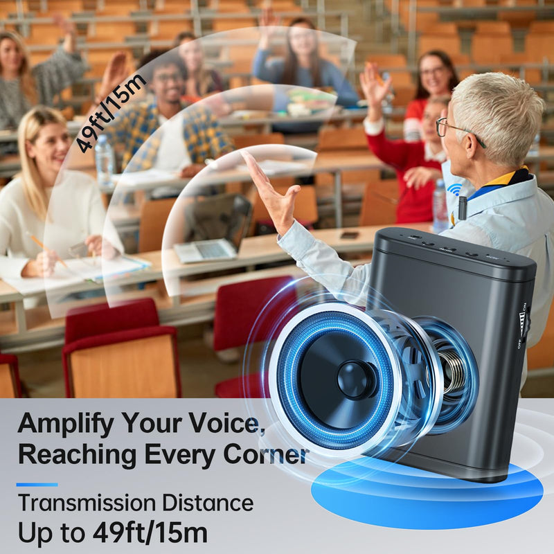 Moman Voice Amplifier with Wireless Lavalier Microphone, Zero Whistling Low Latency Portable Speaker, Personal PA System with Wireless Clip on Mic for Teachers Classroom Yoga Tour Guide Meeting Coach Black