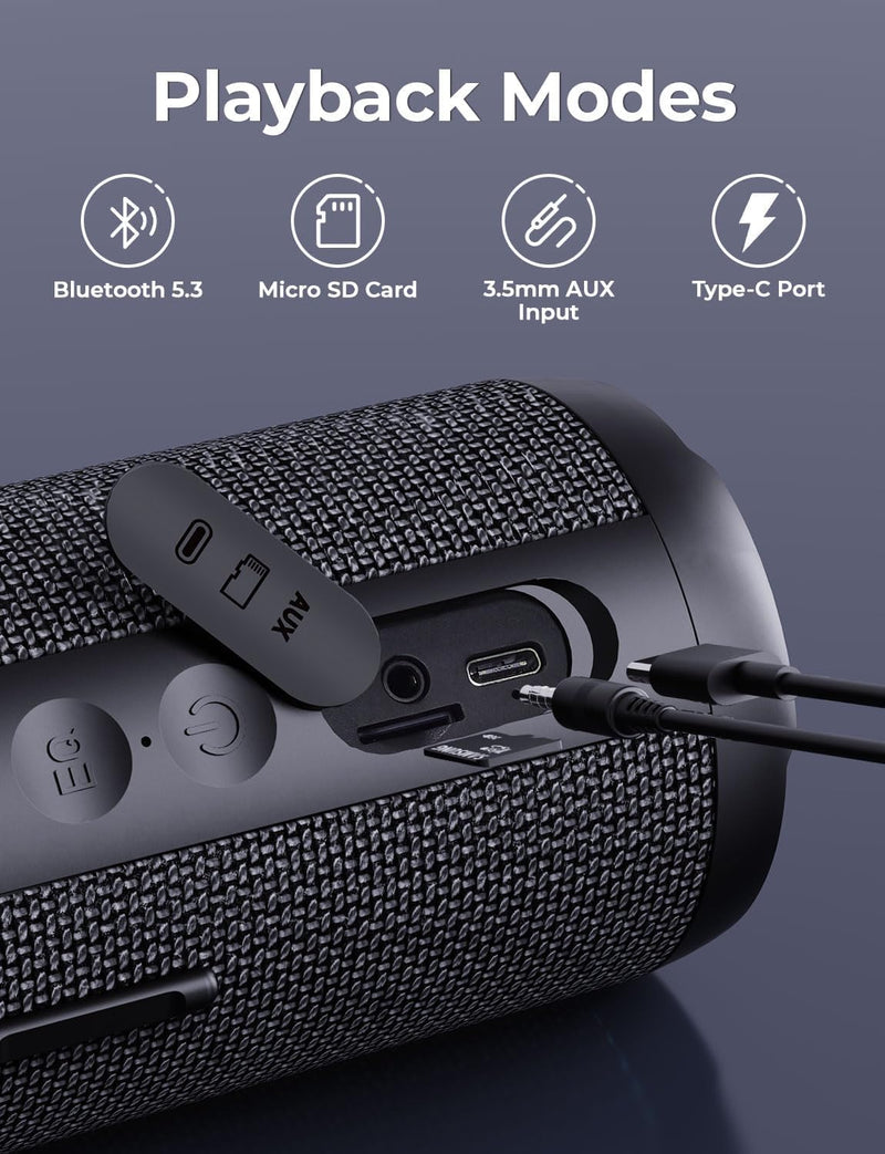[AUSTRALIA] - RIENOK Portable Bluetooth Speaker 30W Dual Pairing True Wireless Stereo HD Sound IPX7 Waterproof Outdoor Sport Shower Wireless Speaker Bluetooth 5.3 for Home Party Black 3600mAh 