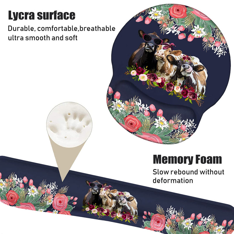 Keyboard Wrist Rest and Mouse Pad Wrist Support Set, Non-Slip PU Base Ergonomic Gaming Mousepad for Home Office Working Studying Easy Typing & Pain Relief - Floral Quote Funny Cows Combination