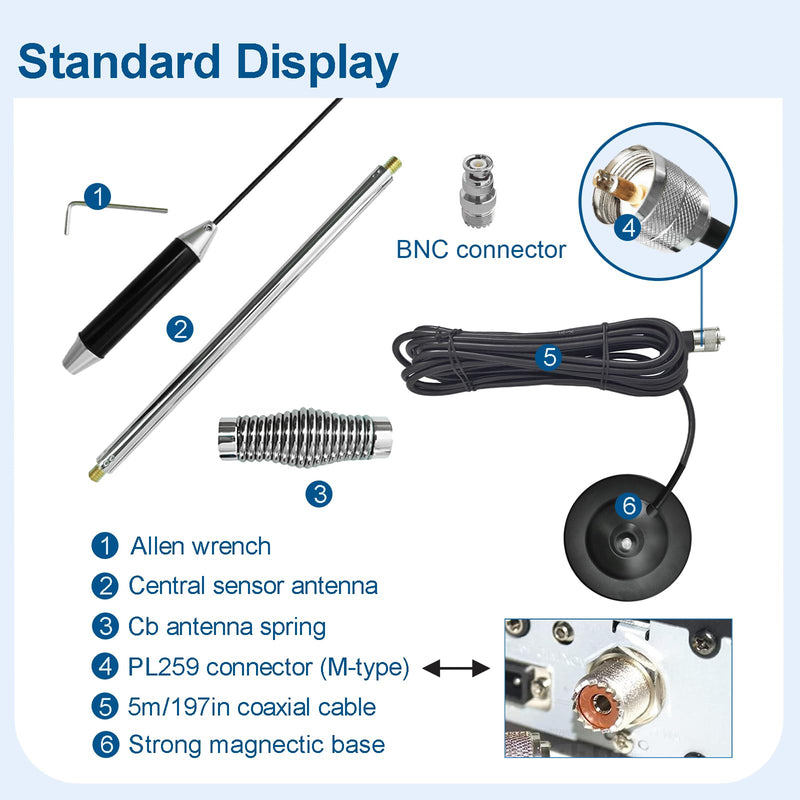 27MHz CB Radio Antenna Full Kit Heavy Duty Magnetic Mount PL259 & BNC Male Connector Car Truck Mobile Base Station Antenna, Compatible with President Midland Cobra Uniden Radio
