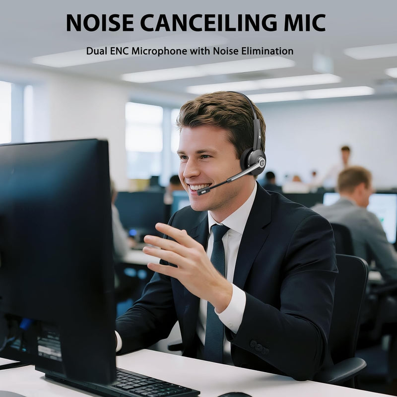 [AUSTRALIA] - Earbay Trucker Bluetooth Headset, Wireless Headphones with Microphone Mute & USB Dongle, Wireless Headset with Mic for Work Noise Canceling & Charing Base for Work/PC Computer/Phones/Office/Meeting Black 