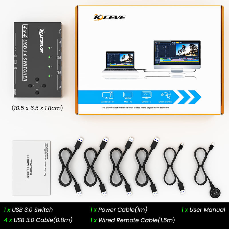 KCEVE USB Switch 4 Computers, USB3.0 Switch for 4 Computer Share 4 USB Devices, with Wired Remote(4K 4 in 4 Out KM)