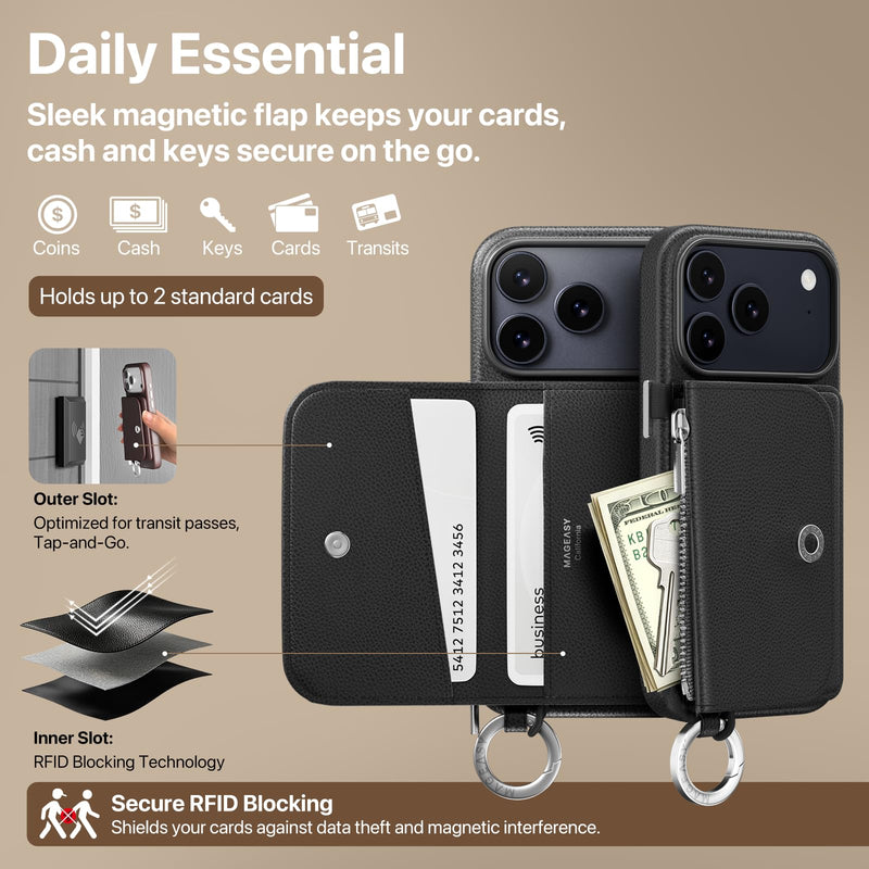 MAGEASY Pouch MagSafe Crossbody Wallet Case for iPhone 18 Pro Max & 17 Pro Max - Removable Wallet with Strap, 16ft Drop Protection, Card Holder Coin Pocket Magnetic Purse Case with Lanyard (Black)