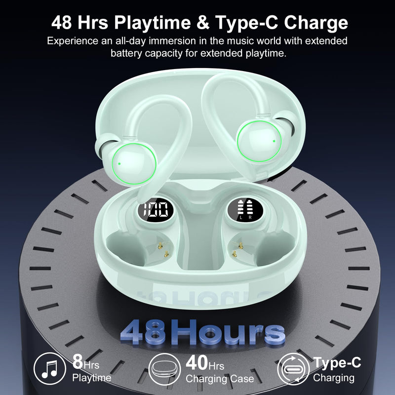 Wireless Earbuds, Bluetooth 5.4 Headphones Sport Over Ear Buds With ENC Mic | Over Ear Buds with ENC Noise Cancelling Mic, 48H, Wireless Earphone with Earhooks, Light Blue