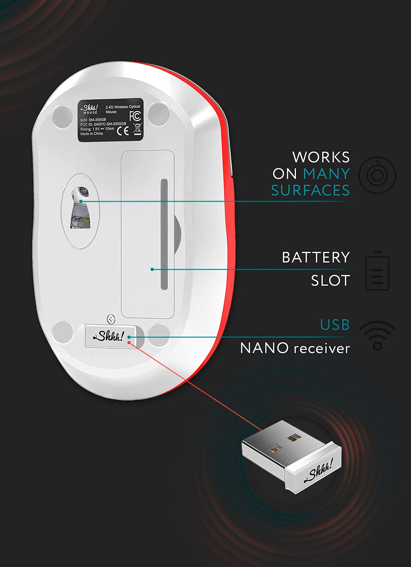 ShhhMouse Wireless Silent Noiseless Clickless Mobile Optical Mouse with USB Receiver and Batteries Included, Portable and Compact, for Notebook, PC, Laptop, Chromebook, Computer, MacBook (White/Red) White/Red