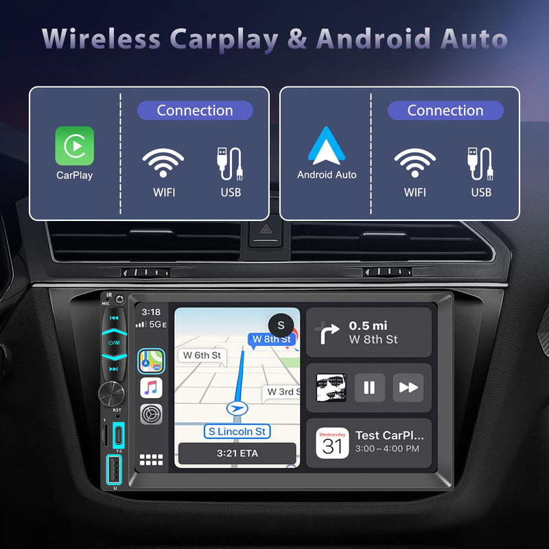 Double Din Car Stereo Apple Carplay Radio Screen for Car Audio Receivers, Bluetooth Car Play Android Auto Touchscreen, Mirror Link, FM, Type-C Light Gray