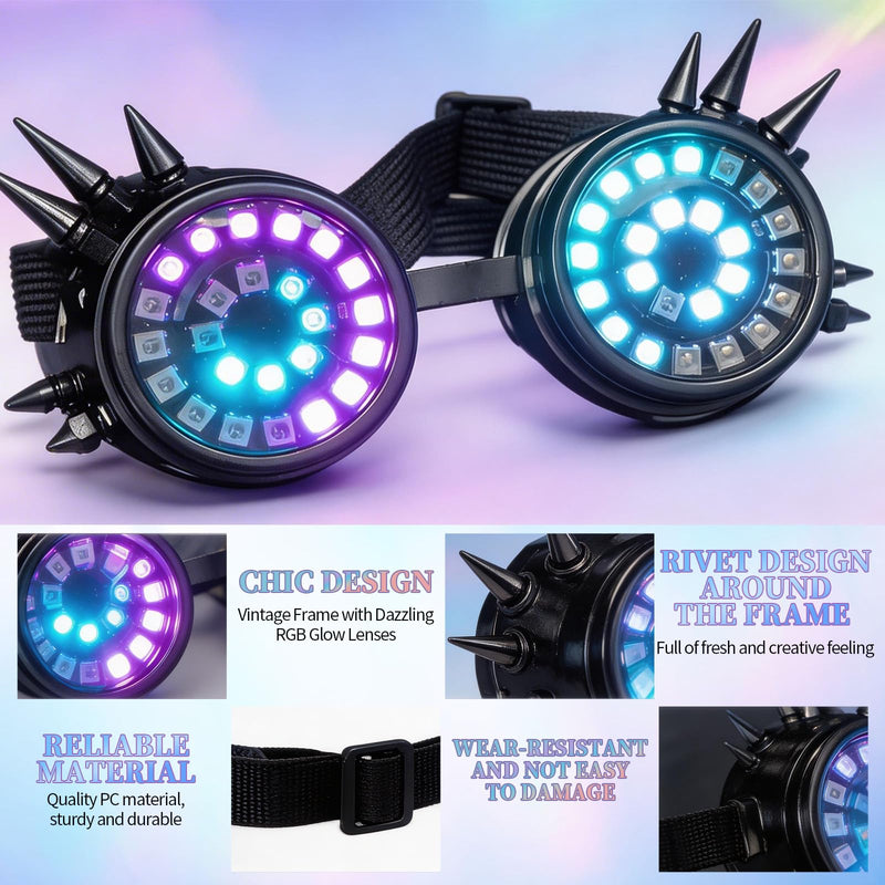RGB LED Spiked Cyberpunk Goggles, Futuristic Punk Rave Glasses, Luminous Cosplay Eyewear for Party, Festival, DJ Club and Halloween