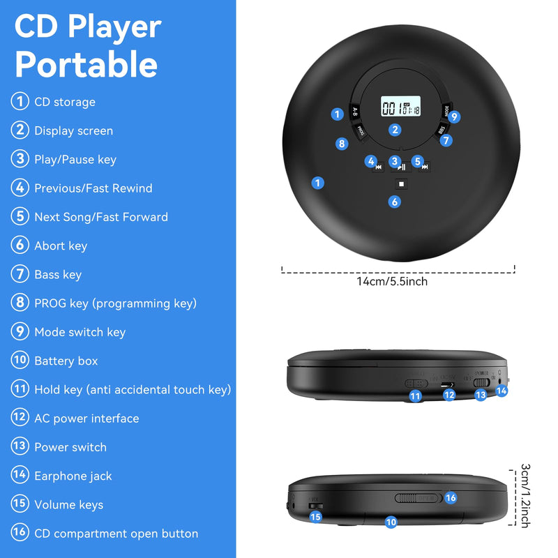 [AUSTRALIA] - Gueray CD Player Portable CD Discman Portable CD Player for Car with Anti-Skip Shockproof Personal CD Player with Headphones LCD Display Support PROG Memory Function Repeat Playback BASS Effet Black 