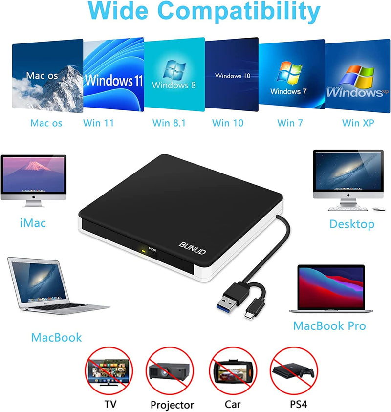 [AUSTRALIA] - BUNUD External DVD Burner USB-C: Portable DVD External Drive for Apple Superdrive with 2 USB and TF/SD Slots - Plug & Play CD Drive External for Mac Laptop Windows 11 Black 