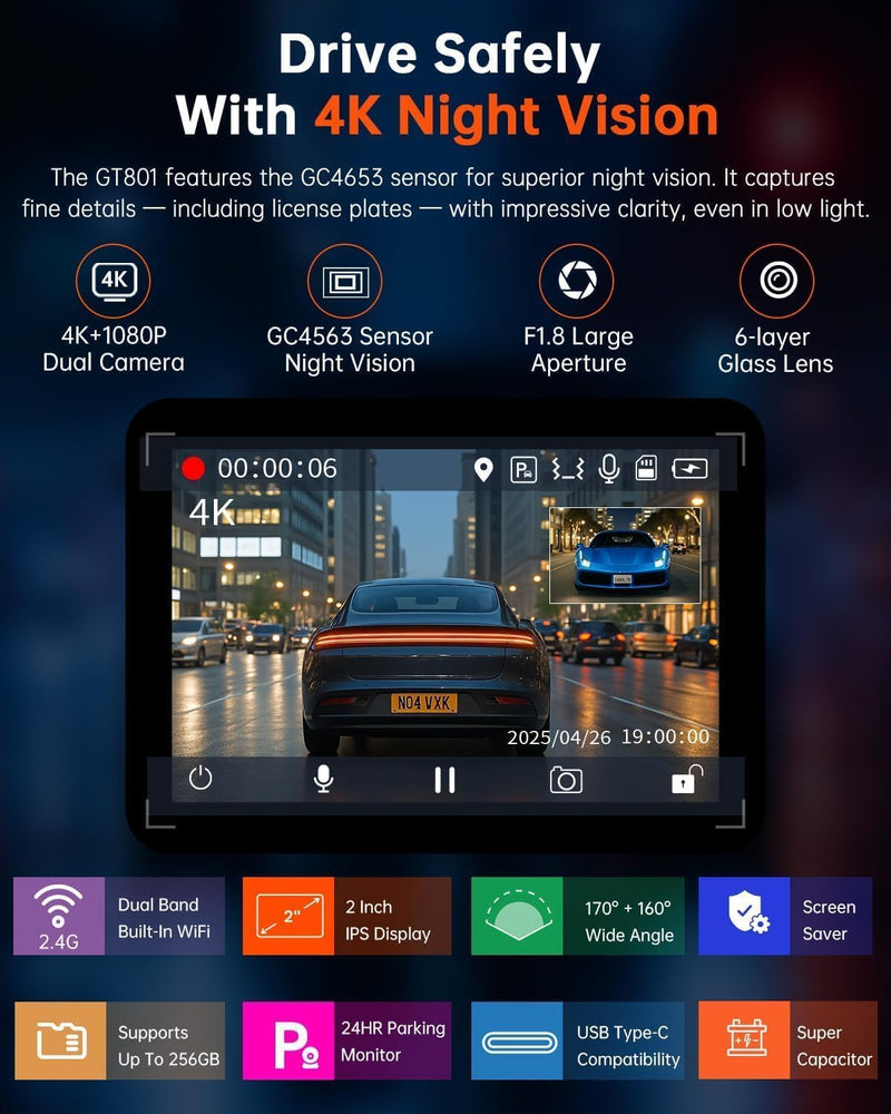 [AUSTRALIA] - Dash Cam Front and Rear, 4K Ultra HD+1080P Dash Camera for Cars, Built-in Wi-Fi GPS, Included 32GB Card, 2.0'' IPS Screen Mini Car Camera, App, Night Vision, 170°Wide Angle, 24H Parking Mode Black 