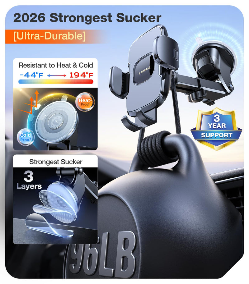 TORRAS Proven & Safer Eye-Level Car Phone Holder Mount for iPhone/Android | 96+LBS Strongest Suction Phone Holders for Your Car, Patent & Safety Certs Cell Phone Car Mount for Dashboard Windshield Vent Gray