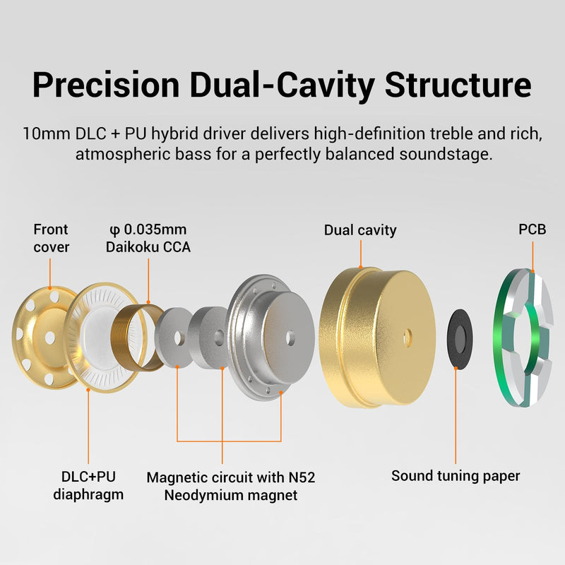 Delci 10mm DLC+PU Dynamic Driver in-Ear Monitors, Hi-Fi Wired Earphones with Interchangeable Tuning Nozzles, CNC Aluminum Wired Earphones, Detachable Hybrid 164-Core Silver-Plated Cabl (3.5mm)