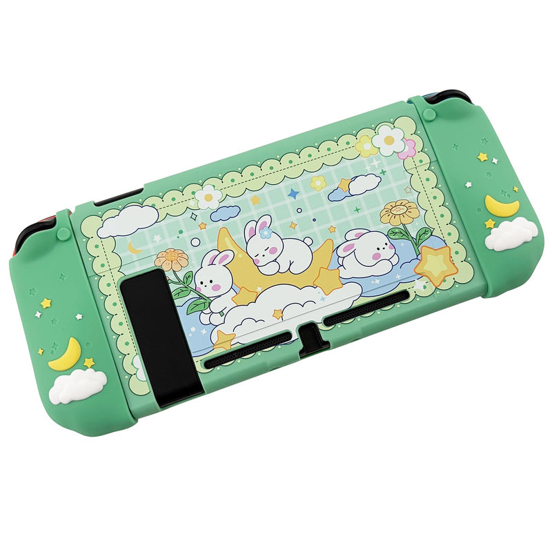 Protective Case for Nintendo Switch, Hard Back Shell + 2 Silicone Ergonomic Controller Covers + 2 Thumb Grips Caps, Cute Rabbit and Flower Cover, Green For Switch