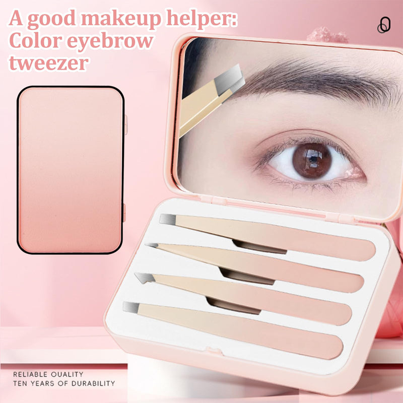 Hshenjhu Set of 4 Tweezers for Facial Hair for Women, Precision Tweezers with Travel Case, Tweezers with Mirror, Stainless Steel Tweezers for Eyebrows for Women and Men (Pink)