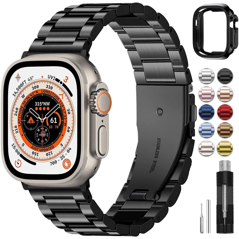 Fullmosa Compatible Stainless Steel Apple Watch Band Ultra/Ultra2 49mm Black with Case & Compatible Metal Apple Watch Band with case Ultra/Ultra2 49mm,Black and Gold