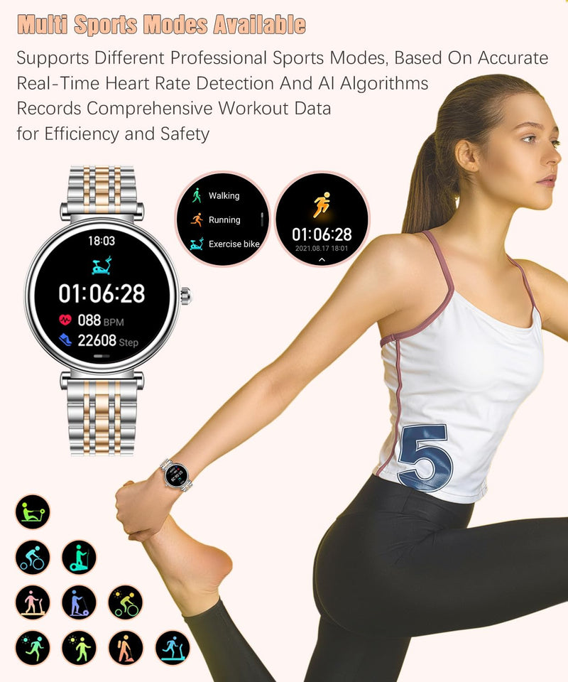 Watch for Women, 1.25" AMOLED HD Screen Women's Smartwatch, Fitness Tracker with Heart Rate/Sleep Monitor, Bluetooth Call, IP67 Waterproof, Compatible with iOS & Android (Two-Tone Silver) Two-Tone Silver