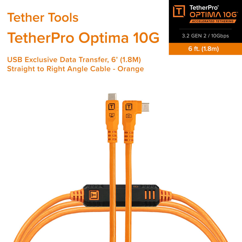 Tether Tools TetherPro Optima 10G USB-C Exclusive Data Transfer Cable | Straight to Right Angle Cable | TetherBoost Signal Technology | Immediate Camera Recognition 6' (1.8m) Orange
